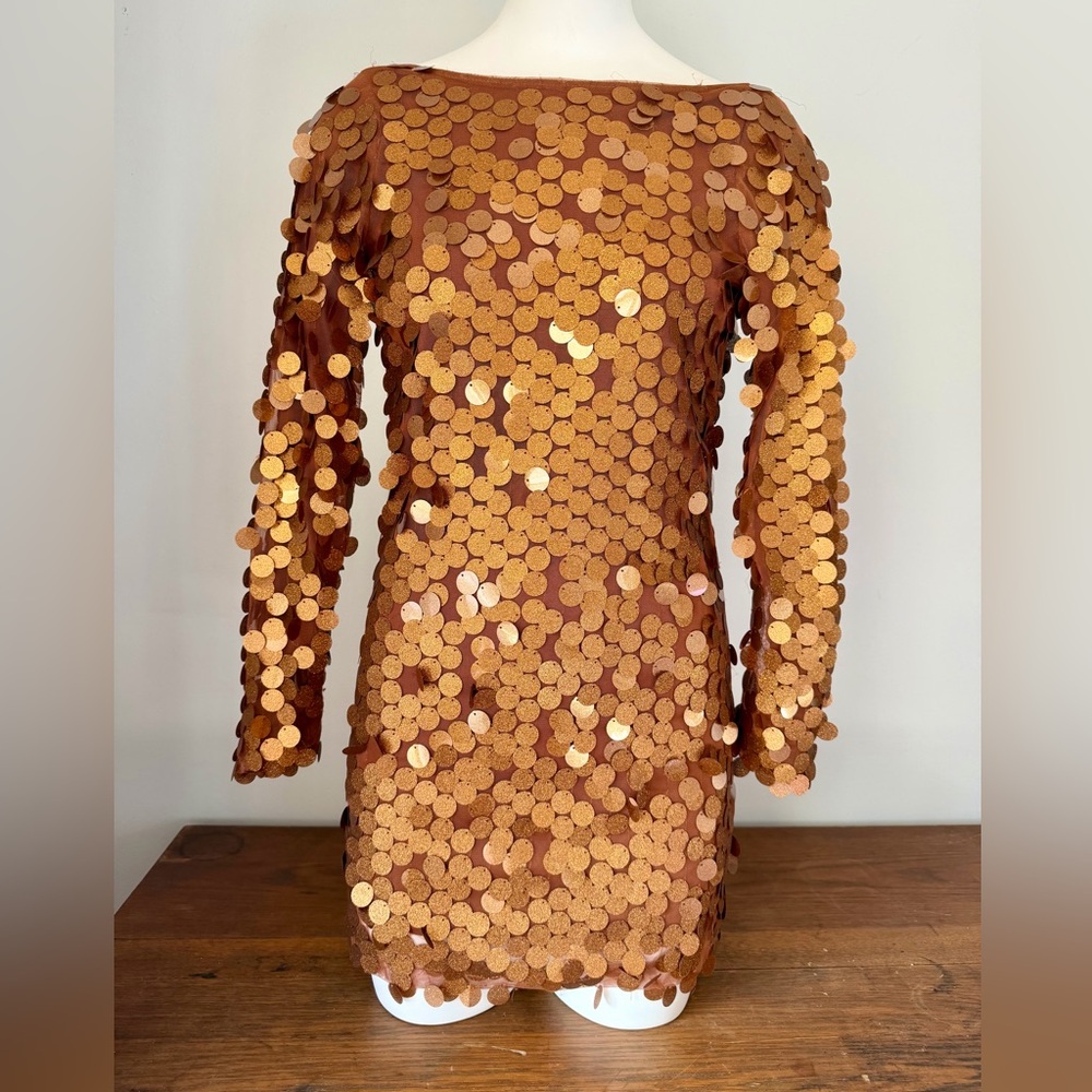 Motel Rocks Copper Gold Sequin Long Sleeve Dress
